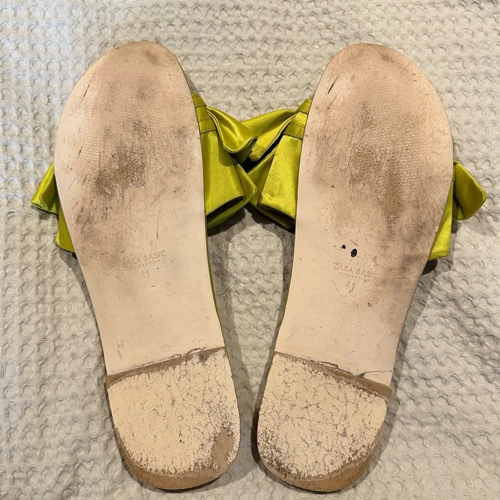 Zara Yellow Green Chartreuse Ruffle Satin Slide Sandals Sz 11 - Picture 6 of 6